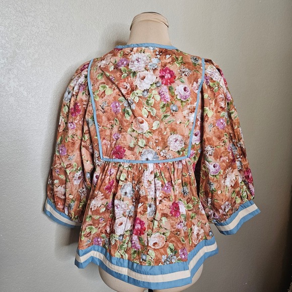 Entro Floral Print Puff Sleeve Peasant Blouse Women's Small Blue Trim Tie Neck - Picture 6 of 10